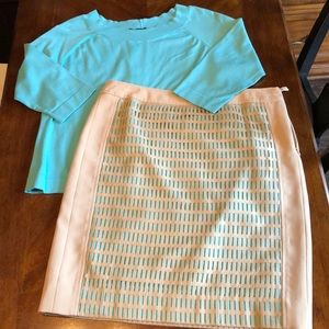 Per Se Turquoise Sweater & Tan and Turquoise Skirt